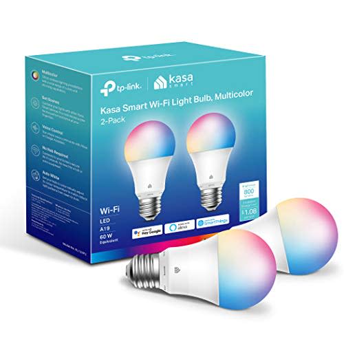 Kasa Smart Light Bulbs, Full Color Changing Dimmable Smart WiFi Bulbs Compatible with Alexa and Google Home, A19, 9W 800 Lumens,2.4Ghz only, No Hub Required, 2-Pack (KL125P2), Multicolor (AMAZON)