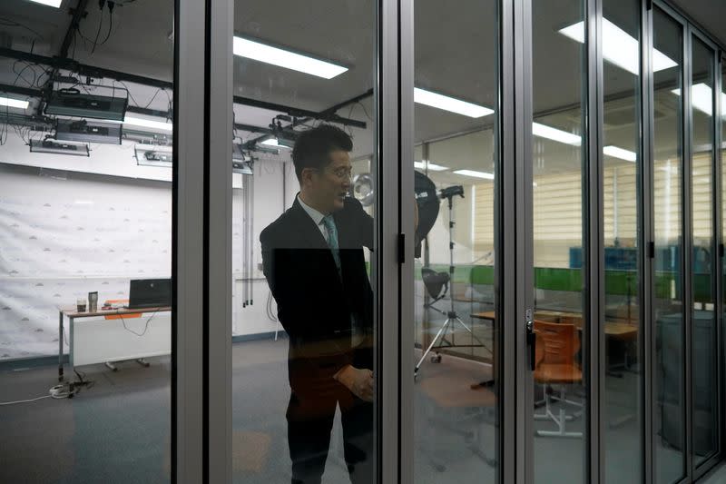 A professor of Pusan National University Park Hyun who used to be a coronavirus patient, seals a studio before his online lecture at Pusan National University in Busan