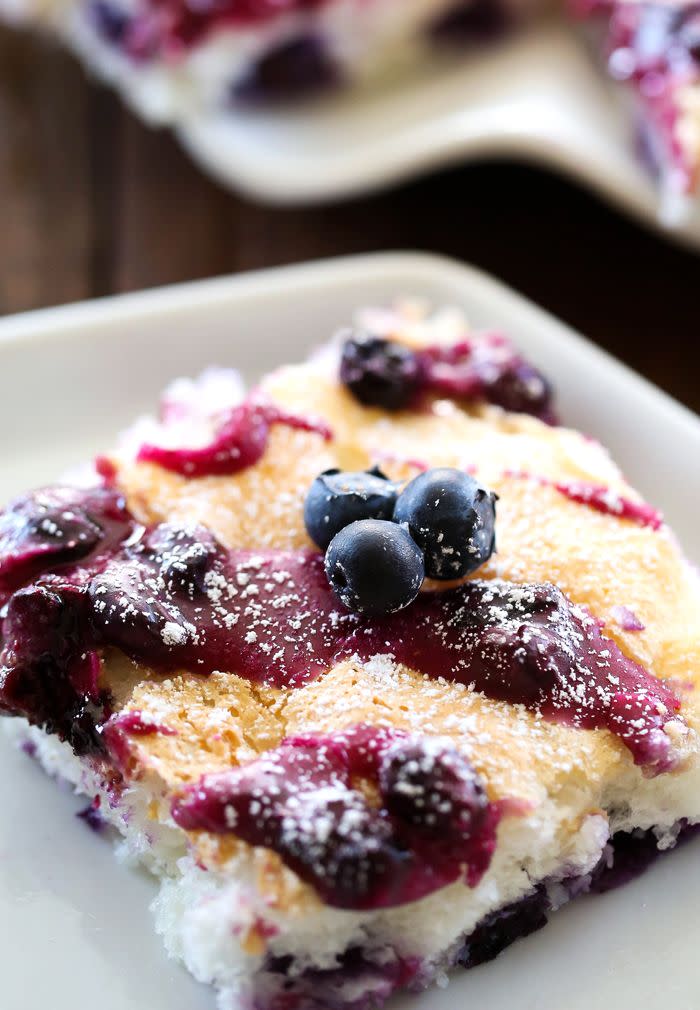 <p>No assembly required.</p><p>Get the recipe from <a href="http://www.chef-in-training.com/2015/03/blueberry-angel-food-sheet-cake/" rel="nofollow noopener" target="_blank" data-ylk="slk:Chef in Training;elm:context_link;itc:0;sec:content-canvas" class="link ">Chef in Training</a>.</p>