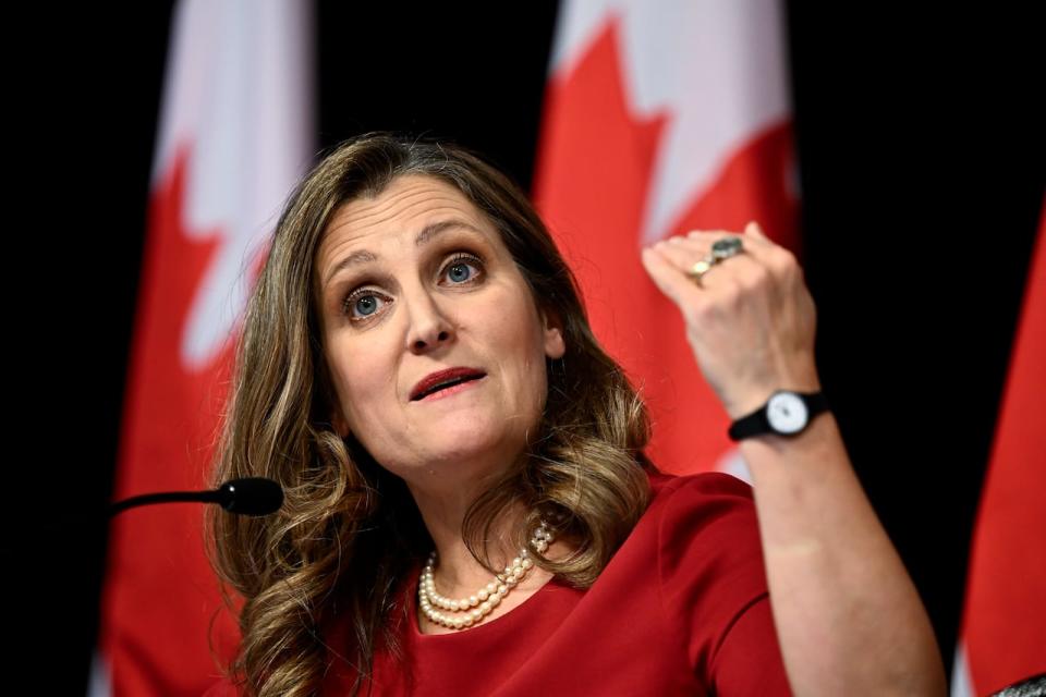 Minister of Finance Chrystia Freeland speaks at a news conference before the tabling of the Fall Economic Statement, in Ottawa, on Tuesday, Nov. 21, 2023.