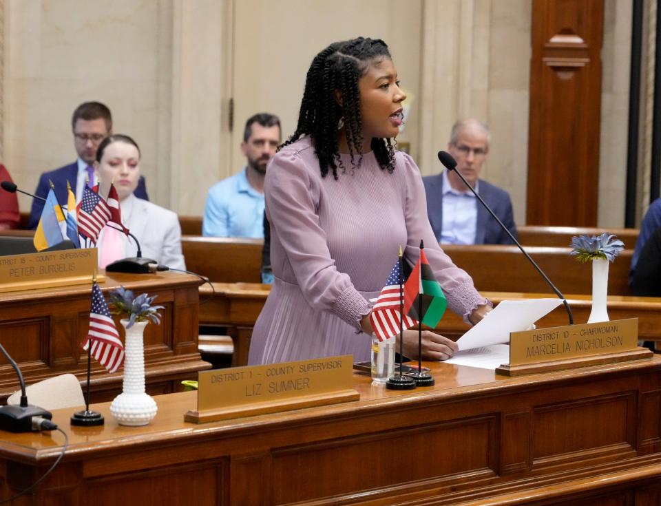 Chairwoman Marcelia Nicholson provides testimony before the Milwaukee County Board of Supervisors vote to enact a sales tax increase during a county board meeting at the Milwaukee County Courthouse in Milwaukee on Thursday.