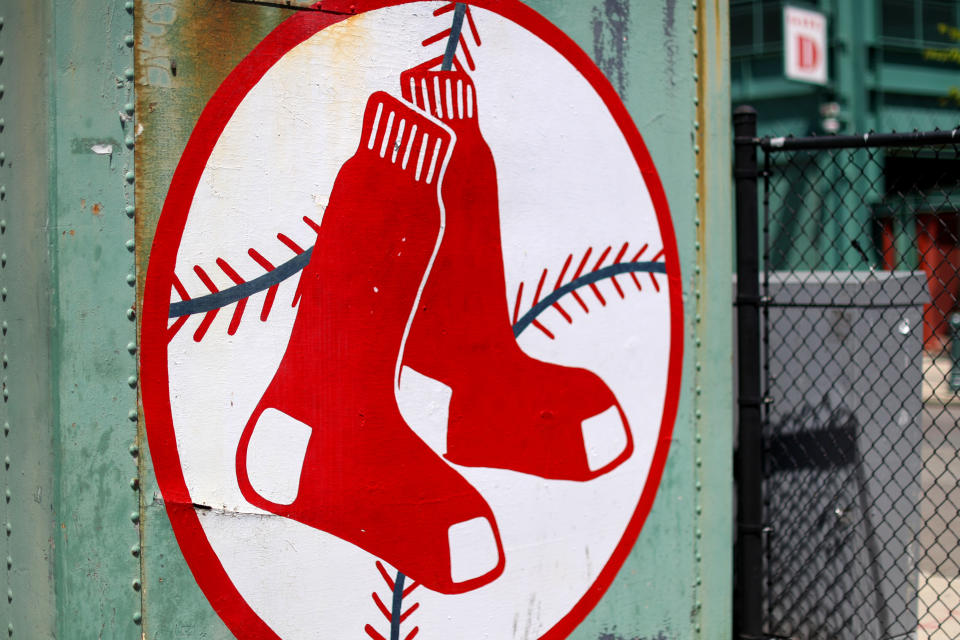 A view of the Red Sox logo outside of Fenway Park on May 20, 2020 in Boston, Massachusetts. 