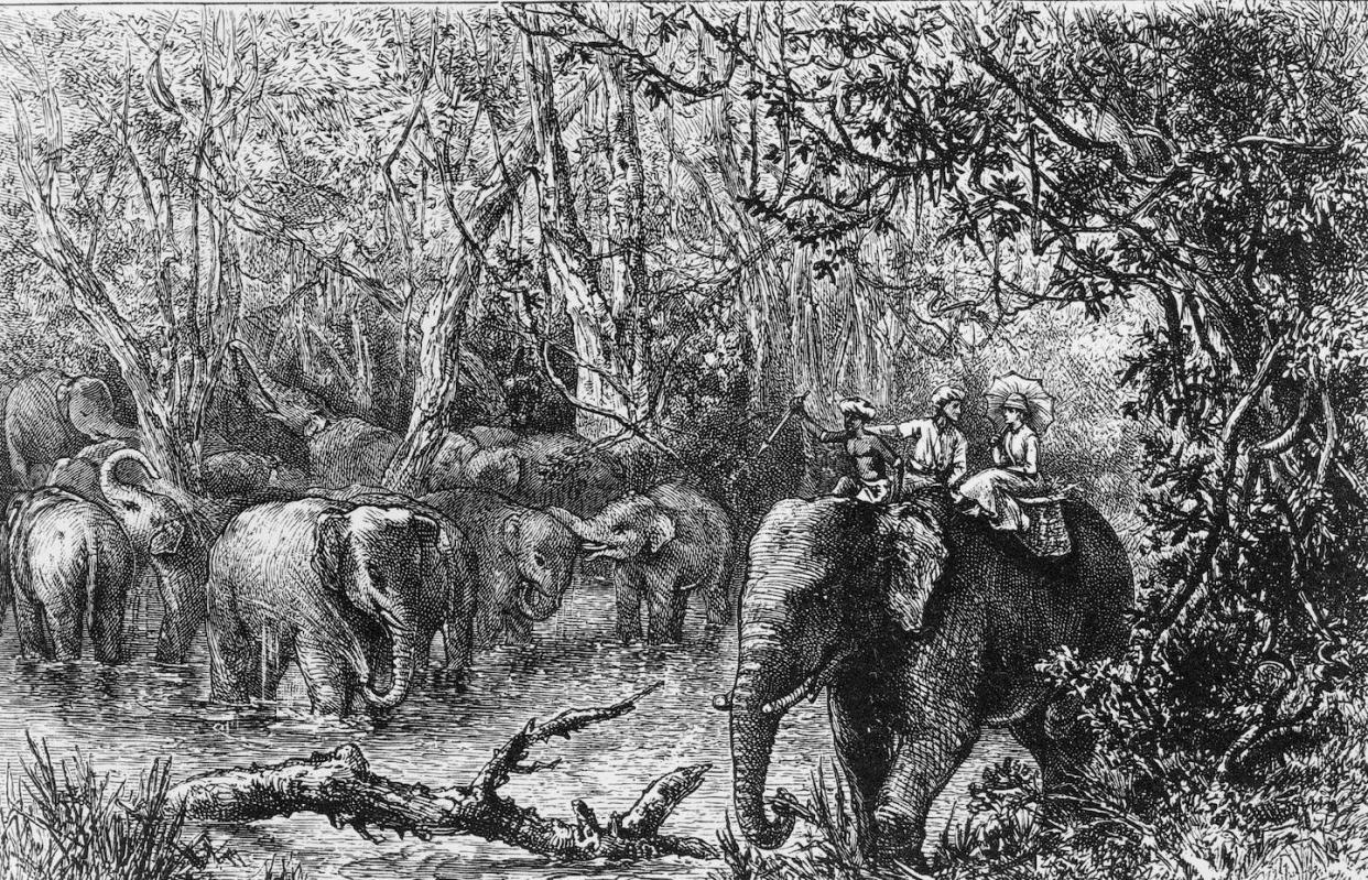 Illustration of explorer Isabella Bird's first walk through Perak (Malaysia), from her book 'The Golden Chersonese and the way thither'. <a href="https://commons.wikimedia.org/wiki/File:The_Author%27s_first_ride_in_Perak_LCCN93509597.jpg" rel="nofollow noopener" target="_blank" data-ylk="slk:Library of Congress / Wikimedia Commons;elm:context_link;itc:0;sec:content-canvas" class="link ">Library of Congress / Wikimedia Commons</a>