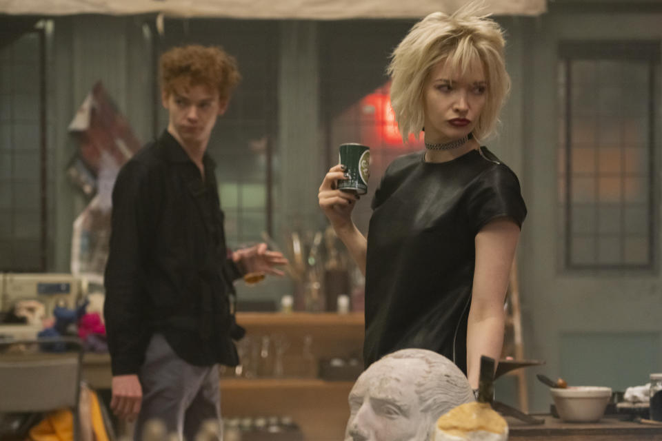 Thomas Brodie-Sangster as Malcolm McLaren, Talulah Riley as Vivienne Westwood in a still from “Pistol.” - Credit: Miya Mizuno/FX