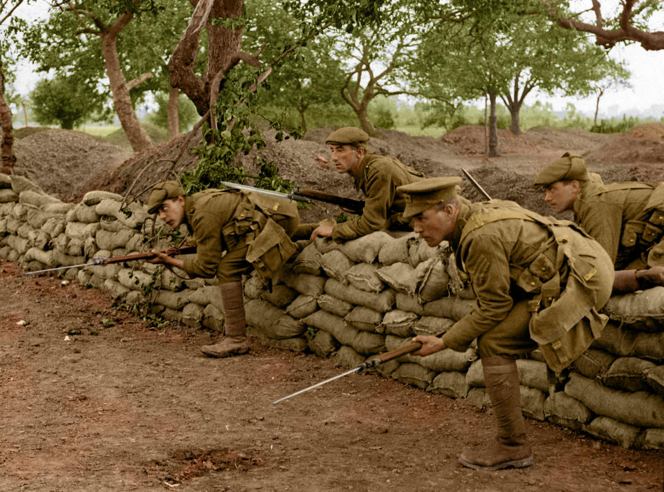 <p>A listening post leaving the trench, most likely a staged photo. (Tom Marshall/mediadrumworld.com) </p>