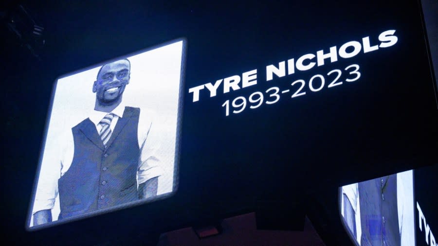 The screen at the Smoothie King Center in New Orleans honors Tyre Nichols before an NBA basketball game between the New Orleans Pelicans and the Washington Wizards on Jan. 28. A lawyer for one of five former Memphis officers charged in the fatal beating of Nichols after a traffic stop said in court documents that investigators found a hallucinogenic drug and stolen credit cards in Nichols’ car when he was pulled over, but authorities have not confirmed those claims. (Photo: Matthew Hinton/AP, File)