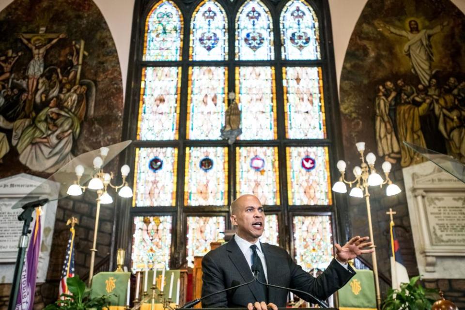 Democratic presidential candidate and U.S. Sen. Cory Booker (D-NJ) speaks to a crowd about gun violence and white nationalism at Emanuel AME Church in Charleston, South Carolina.