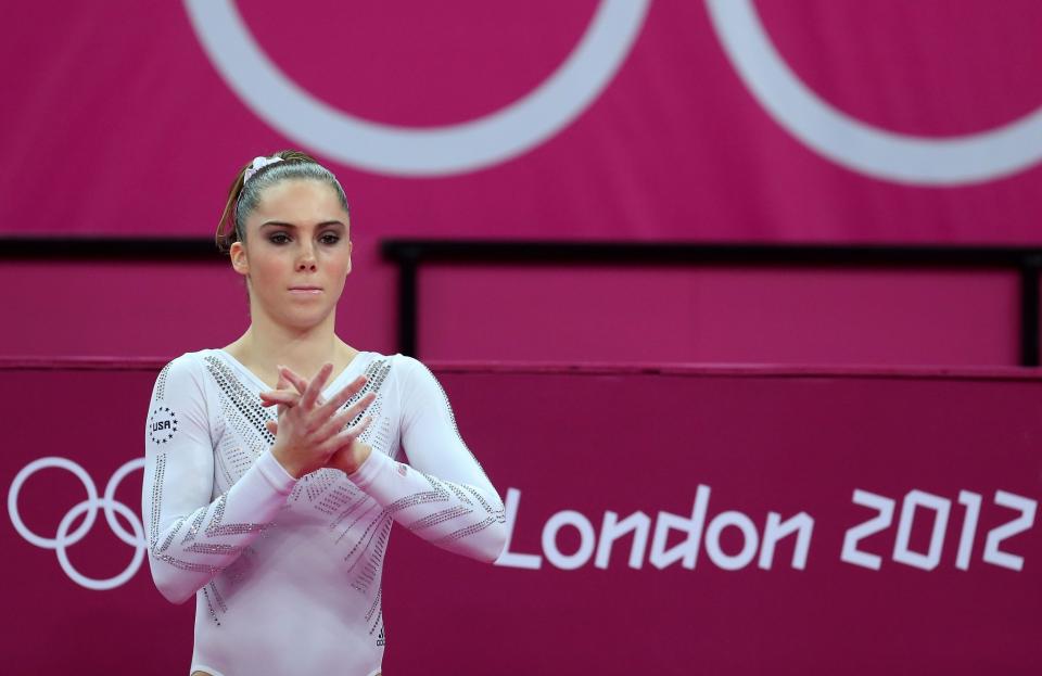 <p>McKayla Maroney Maroney of United States looks on during the Artistic Gymnastics Women’s Vault final on Day 9 of the London 2012 Olympic Games at North Greenwich Arena on August 5, 2012 in London, England. (Photo by Ronald Martinez/Getty Images) </p>