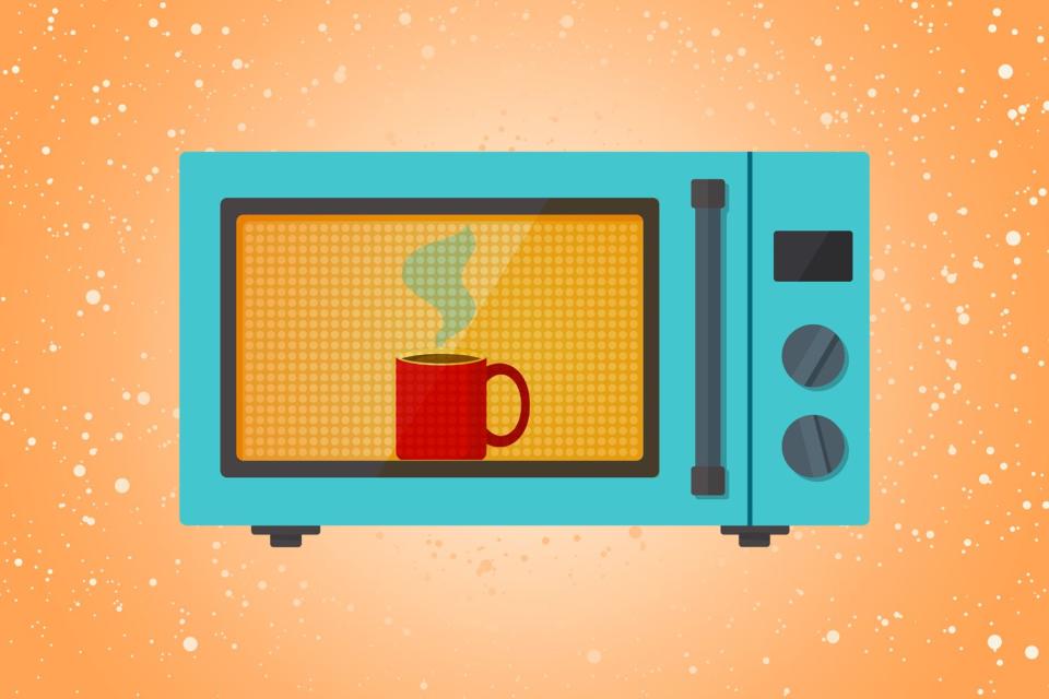 an illustration of a coffee mug in a microwave