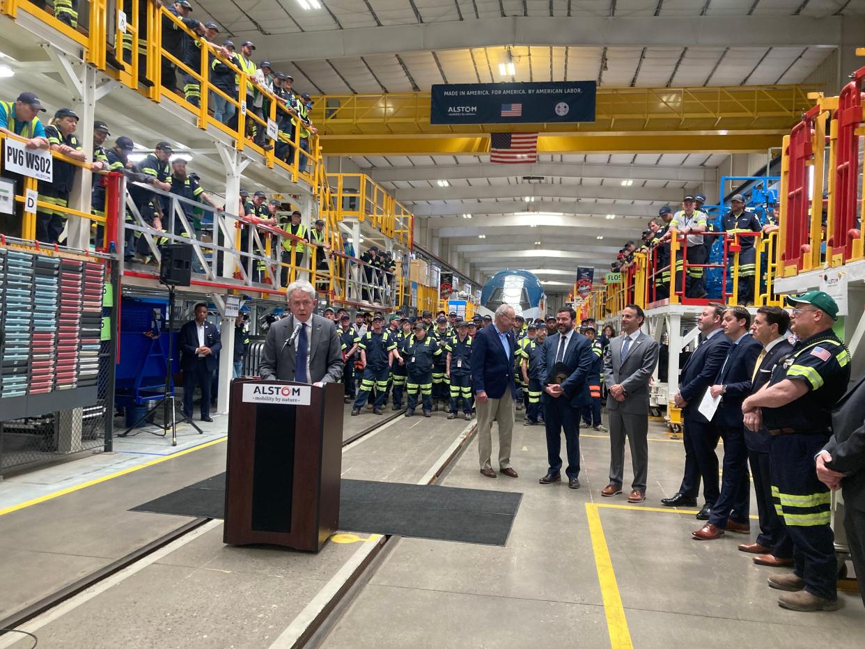 Alstom Americas President and CEO Michael Keroullé speaks April 4, 2023 during a visit by Senate Majority Leader Chuck Schumer and Transportation Under Secretary Carlos Monje Jr.