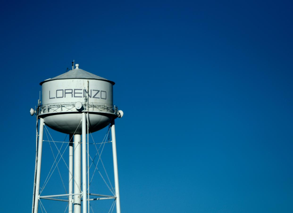 A water tower in Lorenzo is pictured Feb. 16. State lawmakers are debating a proposal to help rural towns improve their water infrastructure.