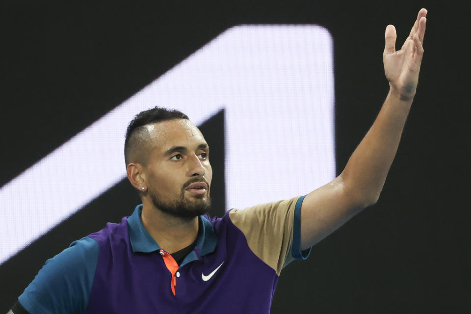 Australia's Nick Kyrgios reacts during match against Portugal's Frederico Ferreira at the Australian Open tennis championship in Melbourne, Australia, Monday, Feb. 8, 2021. (AP Photo/Hamish Blair)