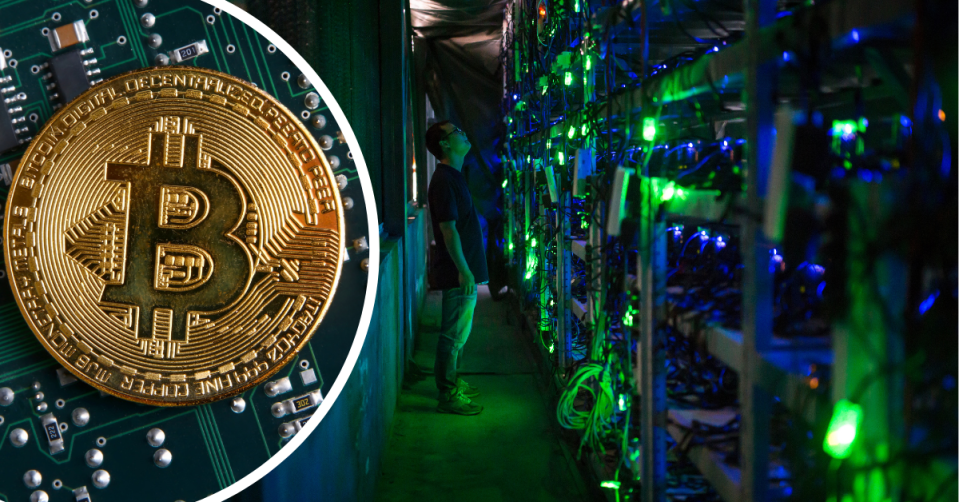 Digital depiction of a Bitcoin and in inside of a Bitcoin mining operation in China.