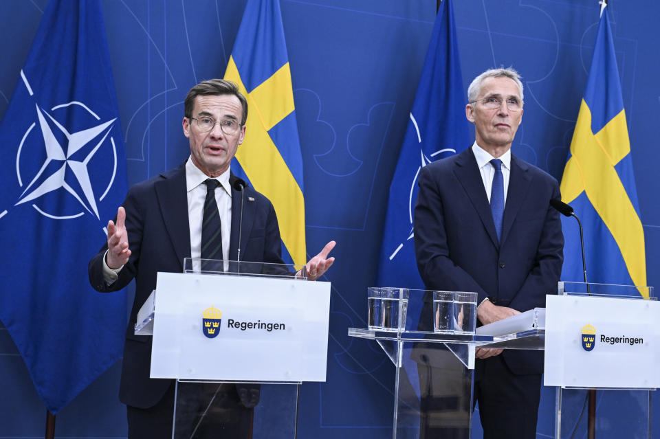 Swedish Prime Minister Ulf Kristersson, left, speaks during a press conference with NATO Secretary General Jens Stoltenberg at the Swedish Government headquarters Rosenbad in Stockholm, Oct. 24, 2023. Hungarian Prime Minister Viktor Orban sent a letter to his Swedish counterpart, Ulf Kristersson, inviting him to Budapest to discuss Sweden's accession into the NATO military alliance, Orban wrote Tuesday Jan. 23, 2023, in a post on X, formerly known as Twitter. (Jonas Ekstromer/TT News Agency via AP, File)