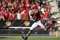 Maryland wide receiver Corey Dyches catches a touchdown pass against Towson in the first half of an NCAA college football game Saturday, Sept. 2, 2023, in College Park, Md. (AP Photo/Steve Ruark)