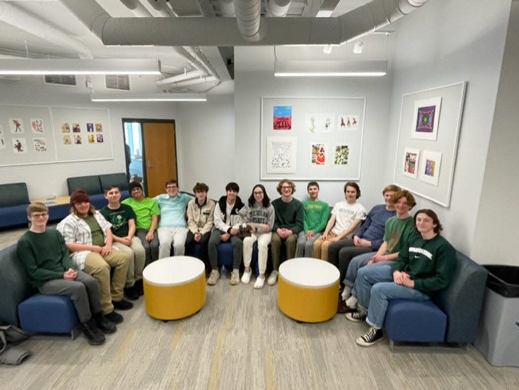 Pictured (left to right) is the winning Petoskey team of Owen Ruckman, Carter Kowalewicz, Nathaniel Haines, Mason Cross, Conner Meengs, Dane Smith, Juan Espinoza, Ainslee Glass, Emmet Sisson, Brady Olson, Quincy DeMarco, Luke Ingalls, Aiden Cleary and Jase Williams. Not pictured are Natalie Overton, Tsipurrah Chu and Simon Gelb.