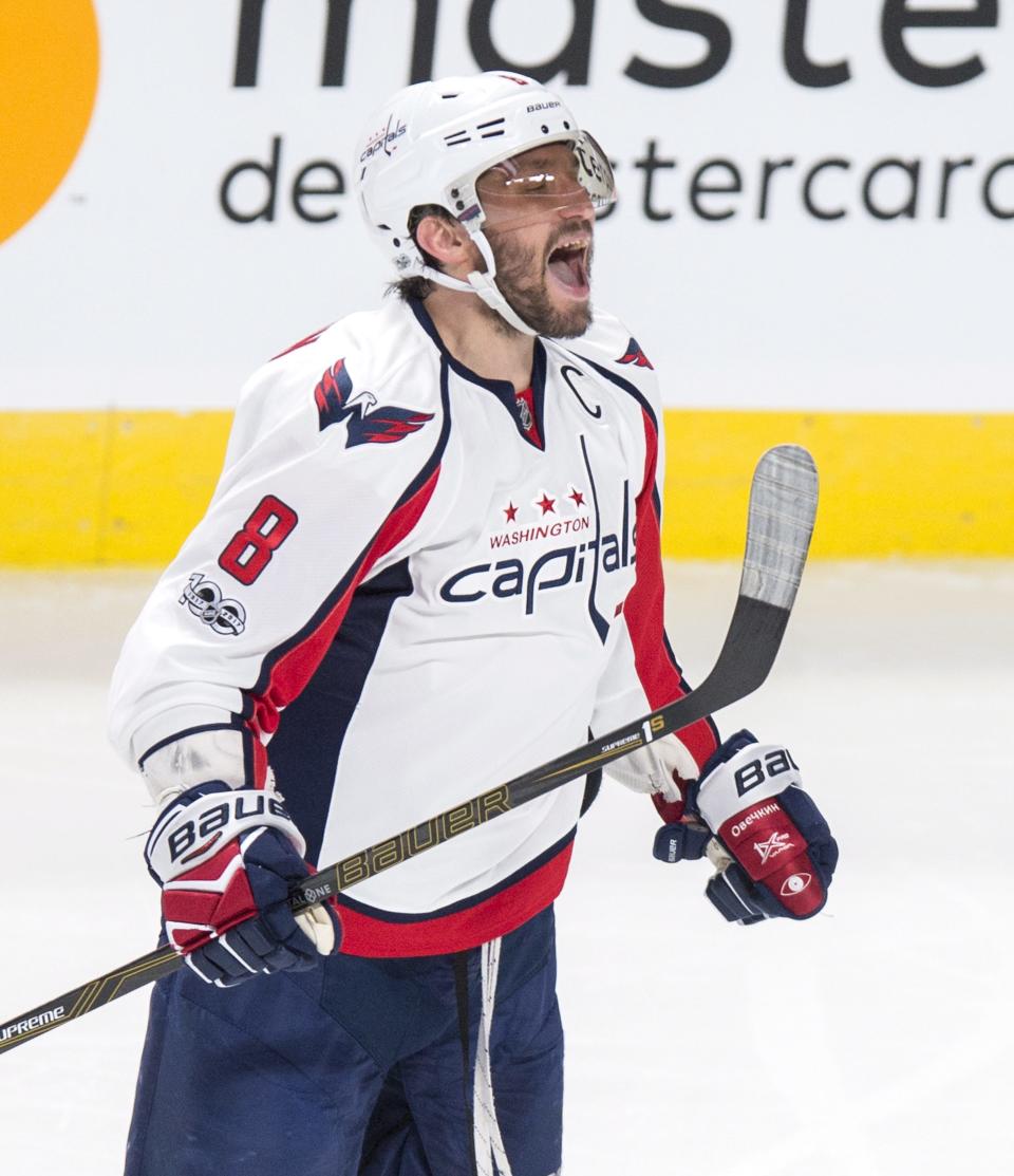 Washington Capitals left wing Alex Ovechkin celebrates his power-play goal against the Montreal Canadiens during the third period of an NHL hockey game Monday, Jan. 9, 2017, in Montreal. (Paul Chiasson/The Canadian Press via AP)