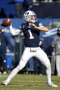 BYU quarterback Zach Wilson (1) looks to pass against North Alabama in the first quarter during an NCAA college football game Saturday, Nov. 21, 2020, in Provo, Utah. (AP Photo/Jeff Swinger, Pool)