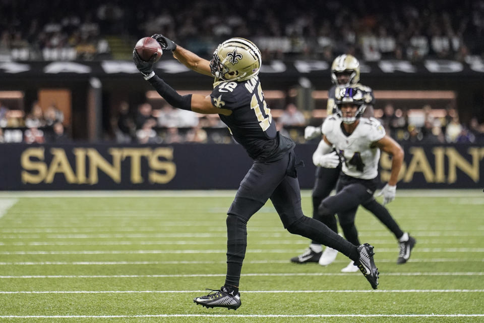 New Orleans Saints wide receiver Chris Olave catches a pass in the first half of an NFL football game against the Baltimore Ravens in New Orleans, Monday, Nov. 7, 2022. (AP Photo/Gerald Herbert)