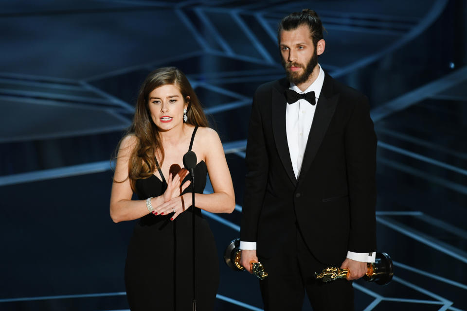 Filmmakers Rachel Shenton (L) and Chris Overton accept Best Live Action Short Film for 'The Silent Child' onstage during the 90th Annual Academy Awards at the Dolby Theatre at Hollywood & Highland Center on March 4, 2018 in Hollywood.