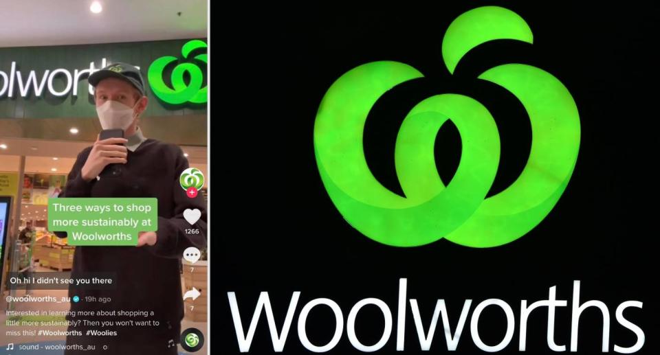 Screenshot of TikTok on left and Woolworths logo on right. Source: TikTok/Woolworths (left), Getty Images (right)