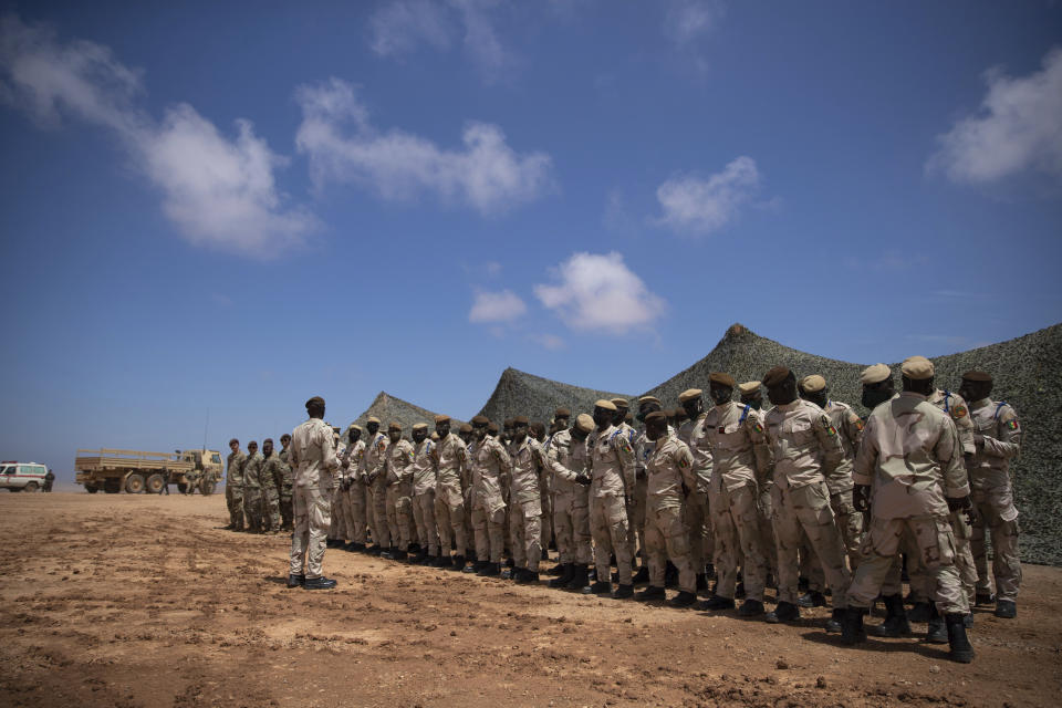 Senegalese soldiers take part in the African Lion military exercise, in Tantan, south of Agadir, Morocco, Friday, June 18, 2021. The U.S.-led African Lion war games, which lasted nearly two weeks, stretched across Morocco, a key U.S, ally, with smaller exercises held in Tunisia and in Senegal, whose troops ultimately moved to Morocco. (AP Photo/Mosa'ab Elshamy)