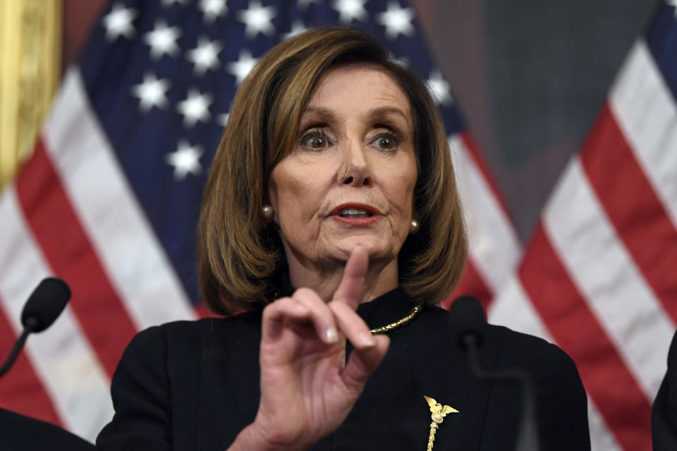 House Speaker Nancy Pelosi, D-Calif., speaks on Capitol Hill in Washington, Wednesday, Dec. 18, 2019, after the U.S. House voted to impeach President Donald Trump on two charges, abuse of power and obstructing Congress. (AP Photo/Susan Walsh)