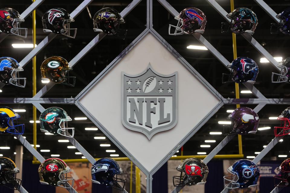 A NFL shield logo at the NFL Experience at the Mandalay Bay North Convention Center.