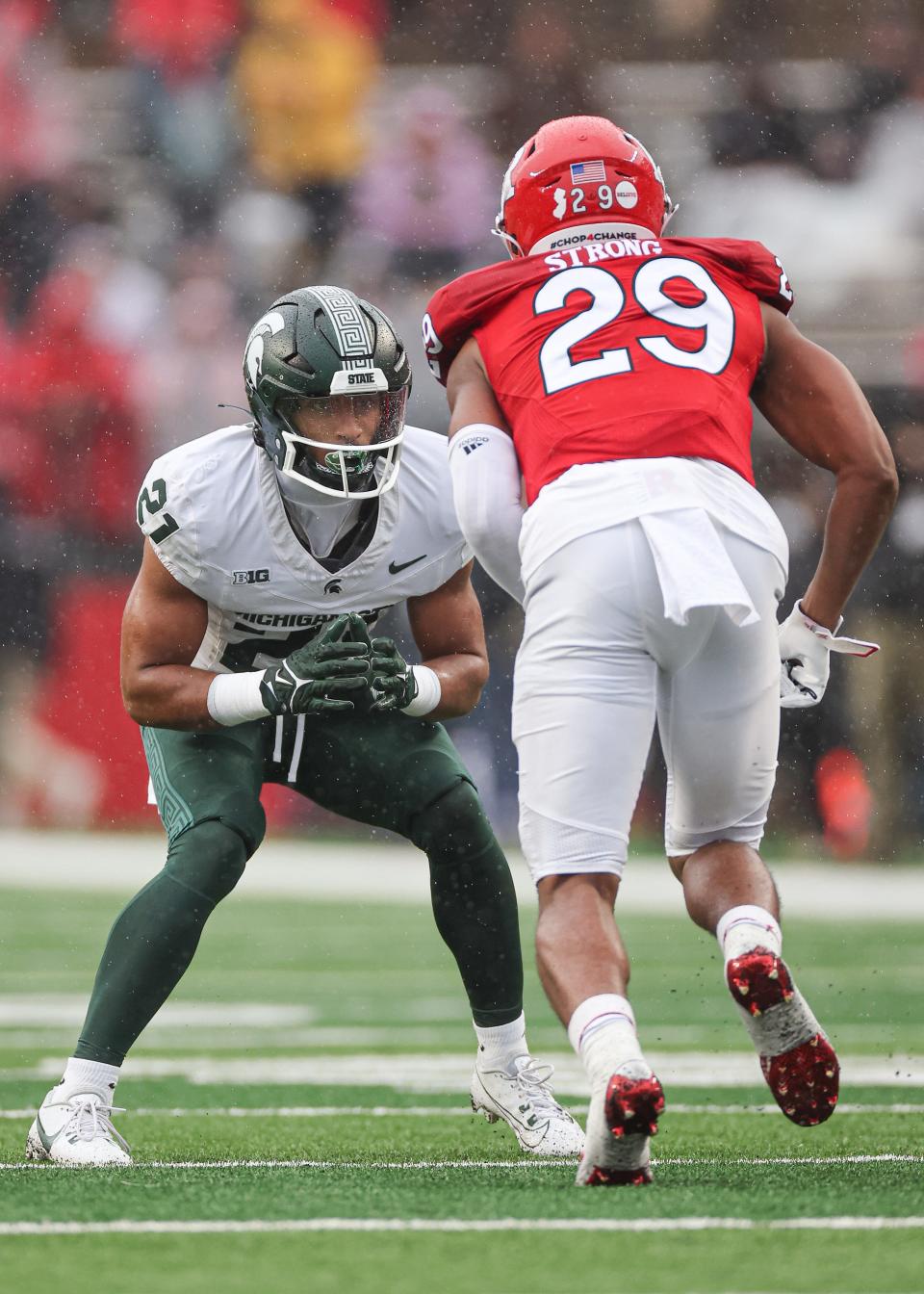 Michigan State defensive back Dillon Tatum defends Rutgers receiver Ian Strong during the first half at SHI Stadium, Oct. 14, 2023 in Piscataway, N.J.