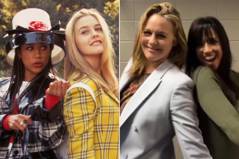 CLUELESS, Stacey Dash, Alicia Silverstone, 1995; Alicia Silverstone and Stacey Dash recreating a moment from Clueless