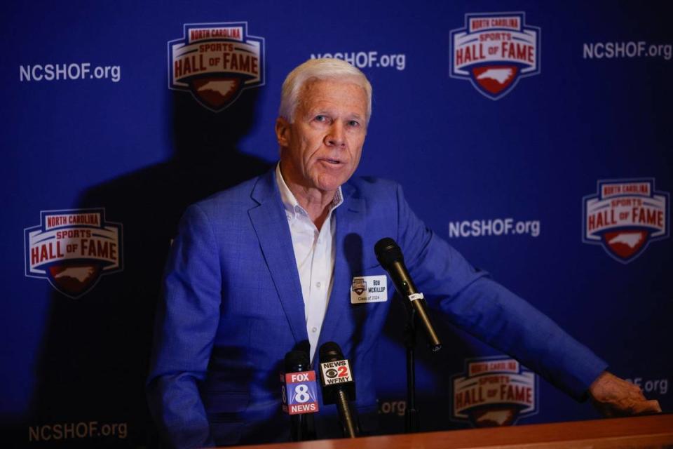 Former head coach for Davidson men’s basketball team, Bob McKillop, speaks during a press conference for inductees into the NC Sports Hall of Fame at Johnson & Wales University in Charlotte in May.