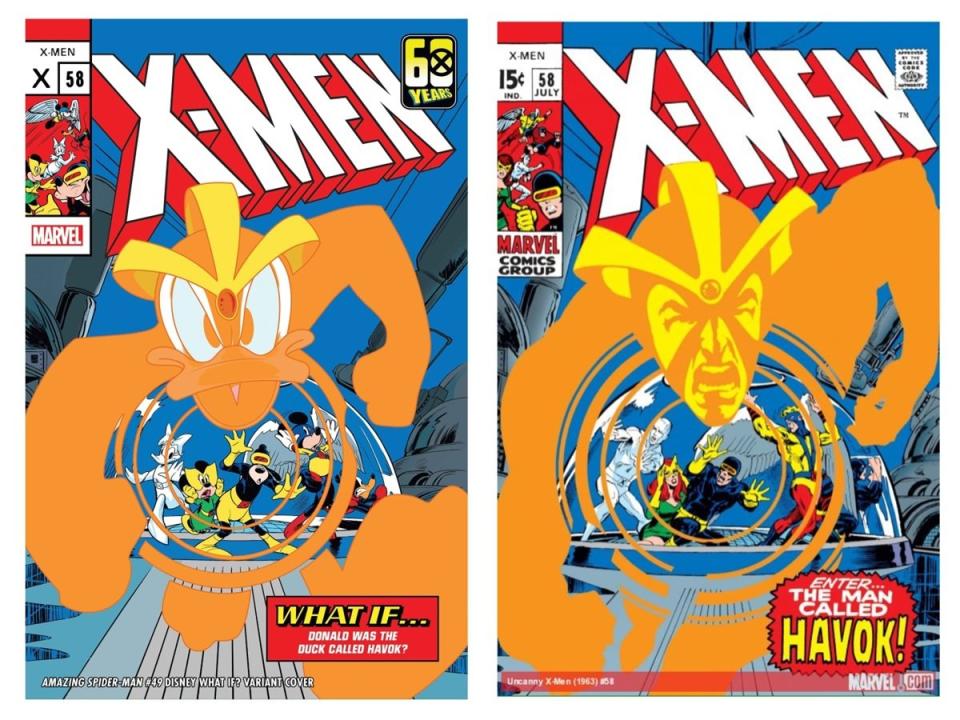 The Disney "What If?" variant cover of Amazing Spider-Man #49 (L) and Neal Adams' cover X-Men #58 (R).