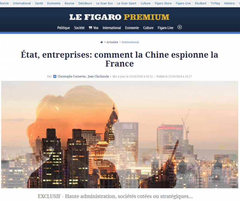 法國知名媒體費加洛報10月22日大篇幅報導，中國國企如何在法國從事隱蔽的間諜活動，突顯國際對中國影響力的憂慮高漲（圖片來源：截取自費加洛報）