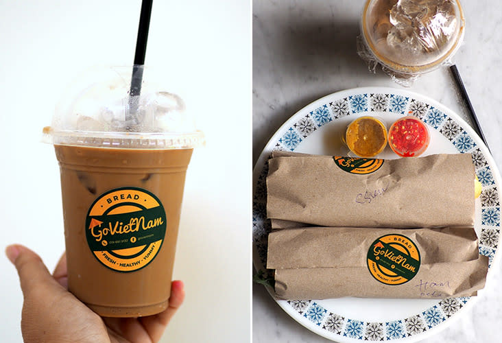 You can opt to add a fragrant iced milk or dark Vietnamese coffee with your 'banh mi' order (left). The 'banh mi' is simply packed in brown paper and accompanied with a pungent chilli sauce and a savoury brown sauce made with pâté and chicken stock (right).