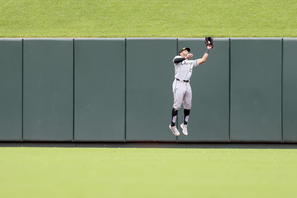 Chicago White Sox center fielder Tommy Pham catches a fly ball hit by St. Louis Cardinals' Lars Nootbaar during the sixth inning of a baseball game Sunday, May 5, 2024, in St. Louis. (AP Photo/Scott Kane)