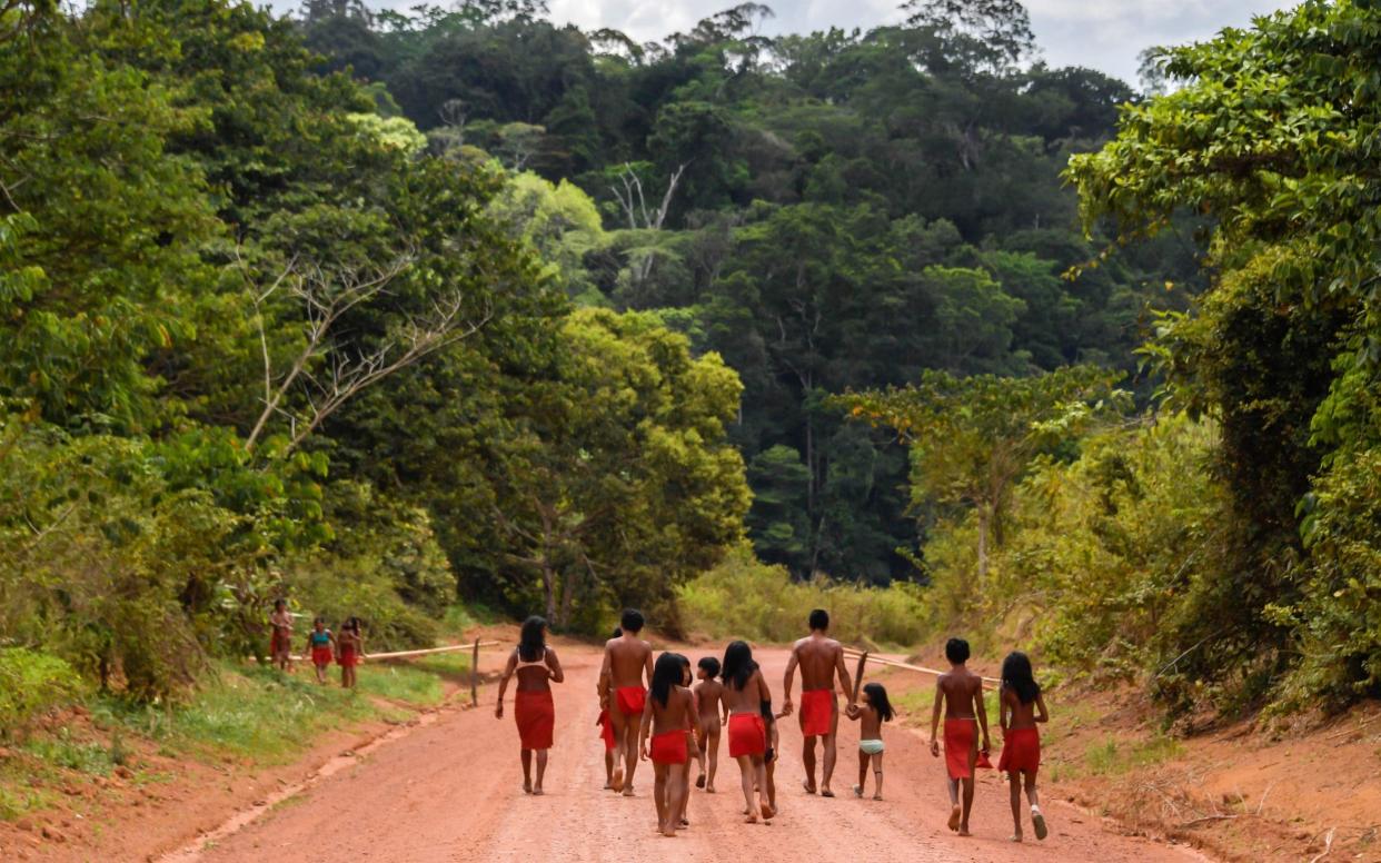 Brazilian Waiapi walk through an indigenous reserve in Amapa state in 2017. Brazil's tribal peoples have long faced pressure from miners, ranchers and loggers.    - AFP