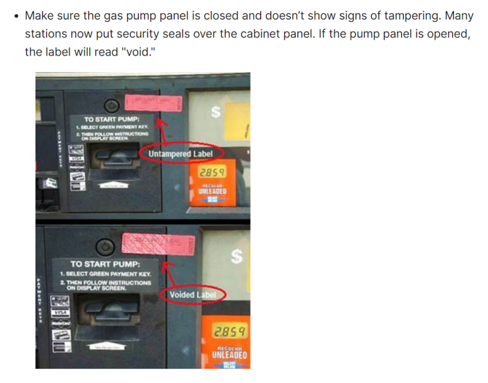 A screenshot from the Federal Trade Commission’s website shows what a broken gas pump security seal looks like.
