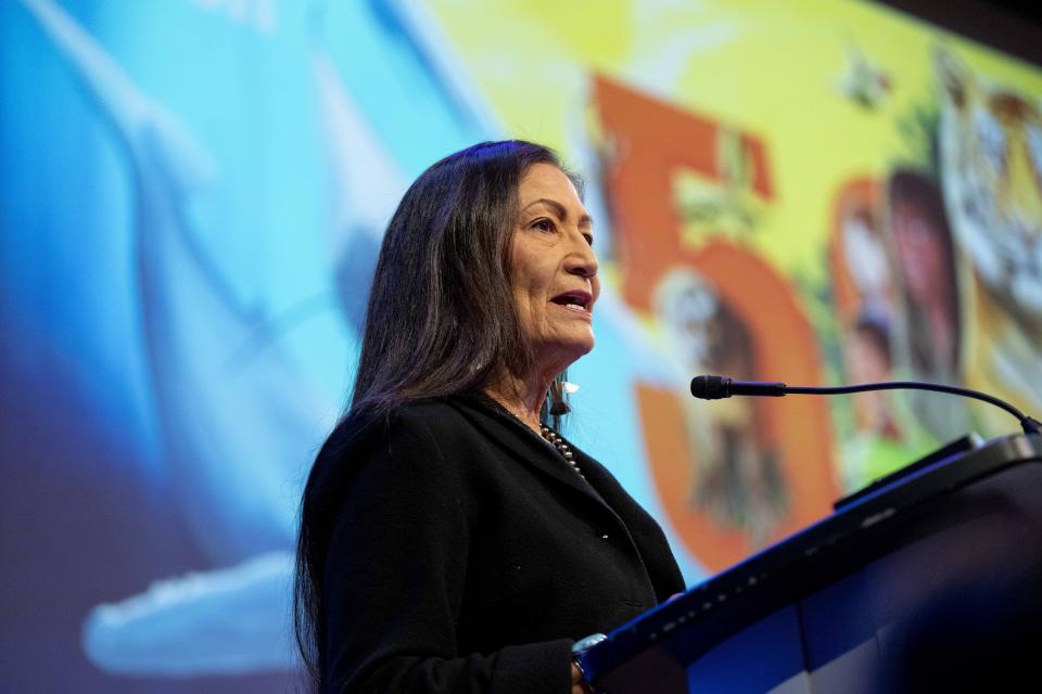 Interior Secretary Deb Haaland speaks during an event to commemorate World Wildlife Day at the National Geographic Society in Washington, Friday, March 3, 2023. Haaland announced during her speech that her agency will work to restore more large bison herds to Native American lands under an order that calls for the government to tap into Indigenous knowledge in its efforts to conserve the burly animals that are an icon of the American West. (AP Photo/Andrew Harnik)