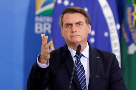 Brazil's President Bolsonaro speaks during a launching ceremony at the Planalto Palace in Brasilia
