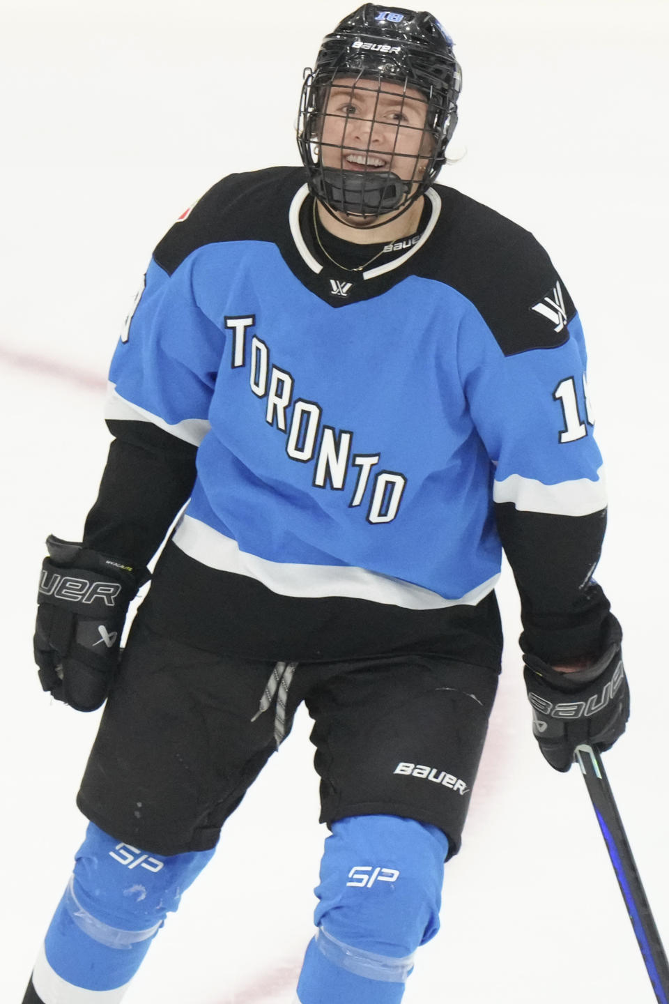Toronto's Jesse Compher celebrates after scoring against Minnesota during third-period PWHL hockey playoff action in Toronto, Friday, May 10, 2024. (Chris Young/The Canadian Press via AP)