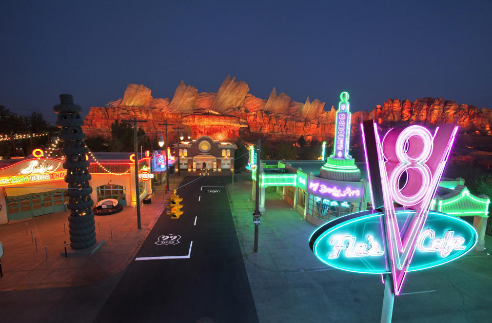 This May 2012 photo released by Disneyland shows the new 12-acre Cars Land, a replica of Radiator Springs, the town in the popular "Cars," film franchise at Disney California Adventure park at Disneyland Resort in Anaheim, Calif. The park's five-year, $1 billion-plus revamp has debuted in spurts since 2008. Most of its new features rely on characters that come from Disney's $7.4 billion acquisition of Pixar Animation Studios, the San Francisco-area studio behind "Cars," `'Toy Story," `'Monsters Inc." and "A Bug's Life." (AP Photo/Disneyland Resort, Paul Hiffmeyer)