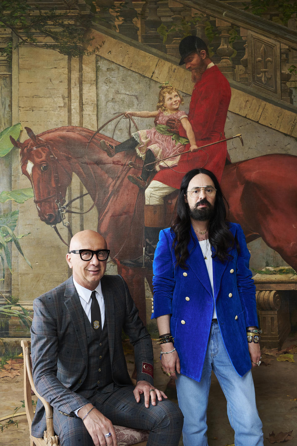 Gucci’s president and CEO Marco Bizzarri with creative director Alessandro Michele in front of the painting “Fantino con bambina” by Domenico Induno inside the Gucci archive space. - Credit: Valentina Sommariva/Courtesy of Gucci