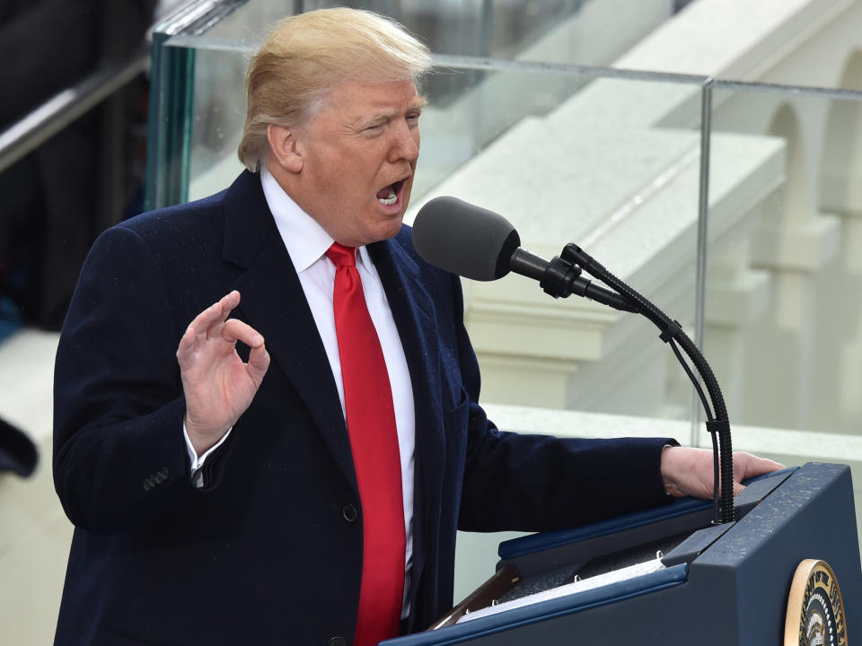 Donald Trump, the new US President, delivers his inauguration speech: Paul J Richards/Getty