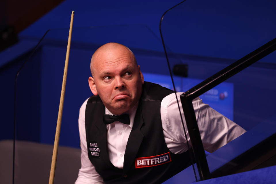 <p>Stuart Bingham during his match against Ding Junhui on day three of the Betfred World Snooker Championships 2021 at The Crucible, Sheffield. Picture date: Monday April 19, 2021.</p>
