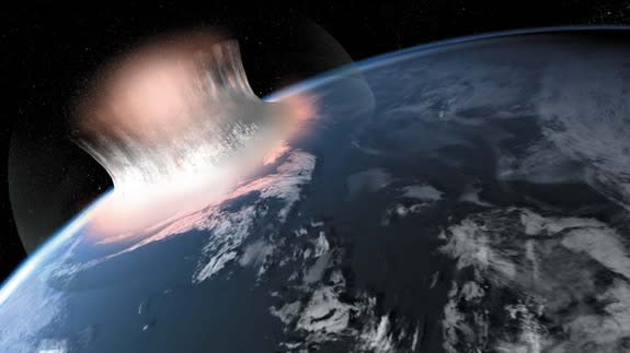 An artist's illustration expression of how a large meteorite impact in the sea might have looked in the first second of the impact. Scientists are unsure if the oldest meteorite crater on Earth, a 3 billion-year-old crater in West Greenland, w