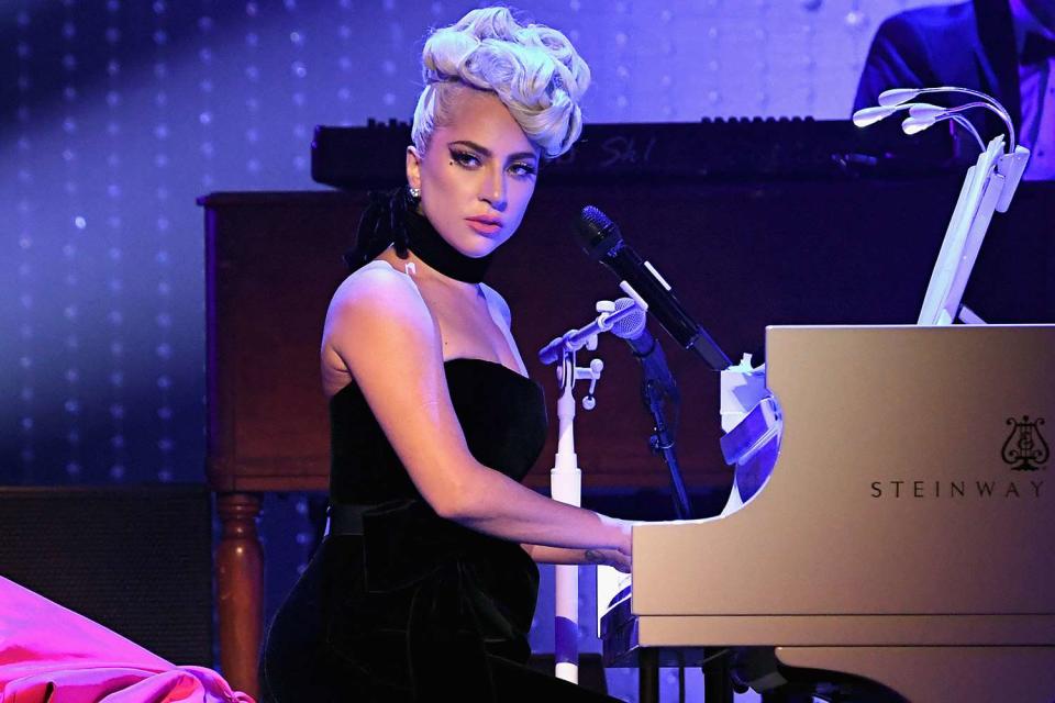 <p>Kevin Mazur/Getty </p> Lady Gaga performs during her Las Vegas residency in January 2019