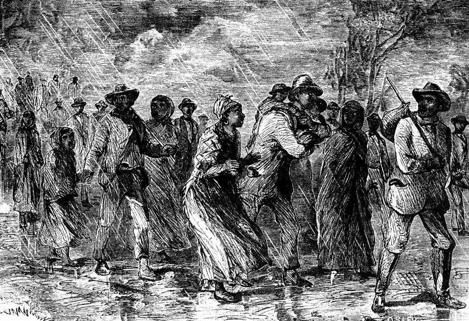 This illustration depicts people fleeing slavery along the Underground Railroad.