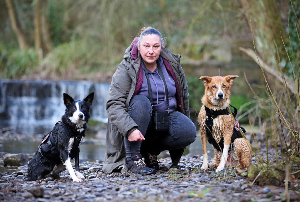 Jennie Alton, pictured with Diesel and Skye who help track down missing pets. (William Lailey/SWNS)