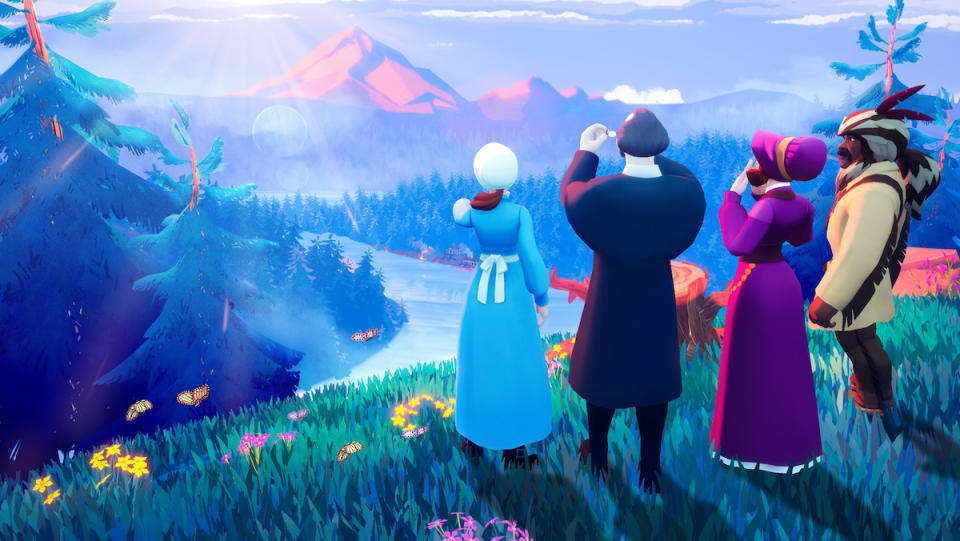 Four characters overlook a grand mountainous vista in the new Oregon Trail.