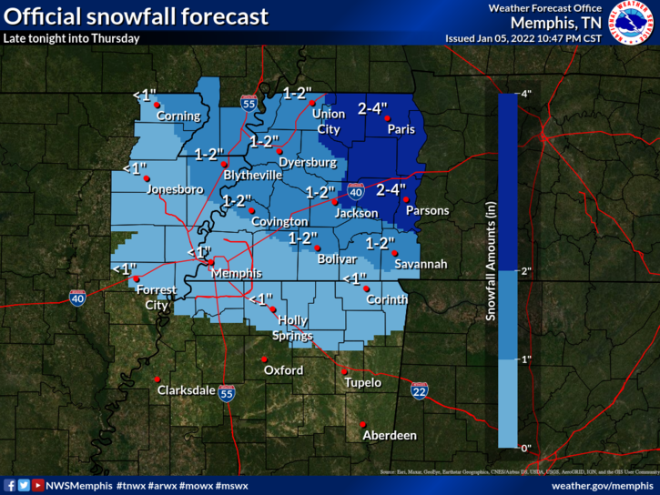 National Weather Service snow forecast for the Memphis area.